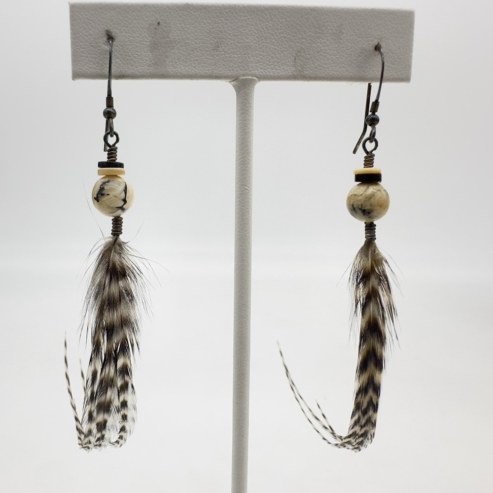Vtg Sterling Silver Genuine Feather Earrings Boho Native Tribal